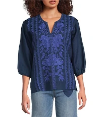 JOHNNY WAS Camille Embriordered Linen Split V-Neck 3/4 Puff Sleeve Blouse