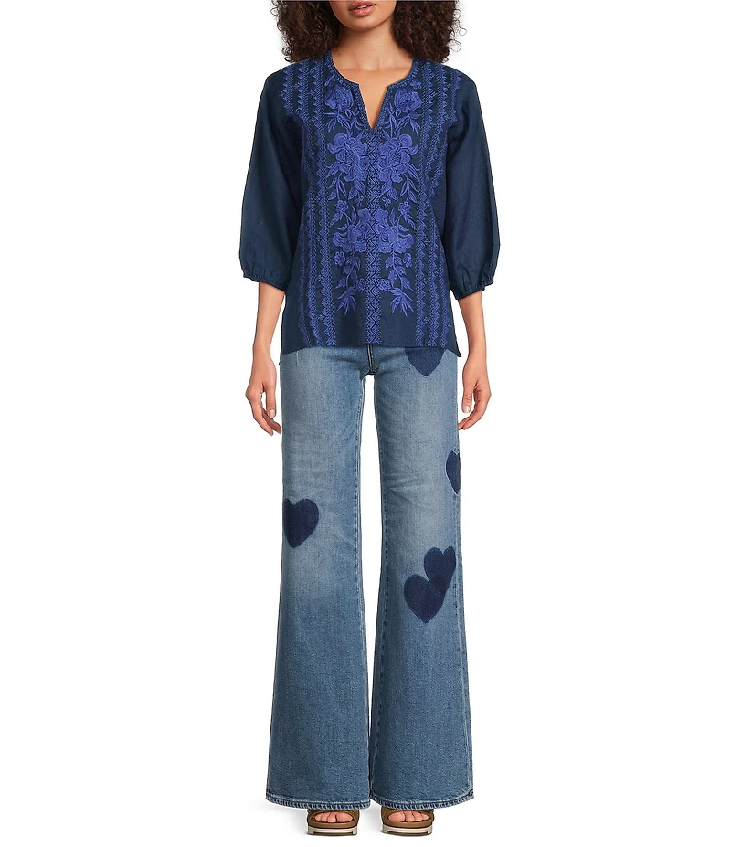 JOHNNY WAS Camille Embriordered Linen Split V-Neck 3/4 Puff Sleeve Blouse