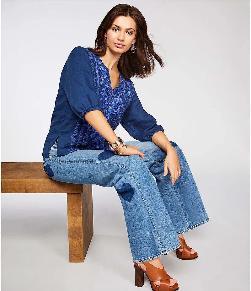 JOHNNY WAS Camille Embriordered Linen Split V-Neck 3/4 Puff Sleeve Blouse