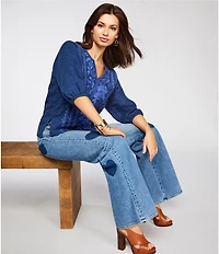 JOHNNY WAS Camille Embriordered Linen Split V-Neck 3/4 Puff Sleeve Blouse