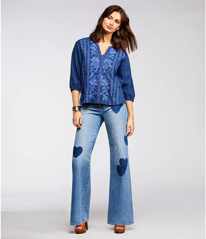 JOHNNY WAS Camille Embriordered Linen Split V-Neck 3/4 Puff Sleeve Blouse