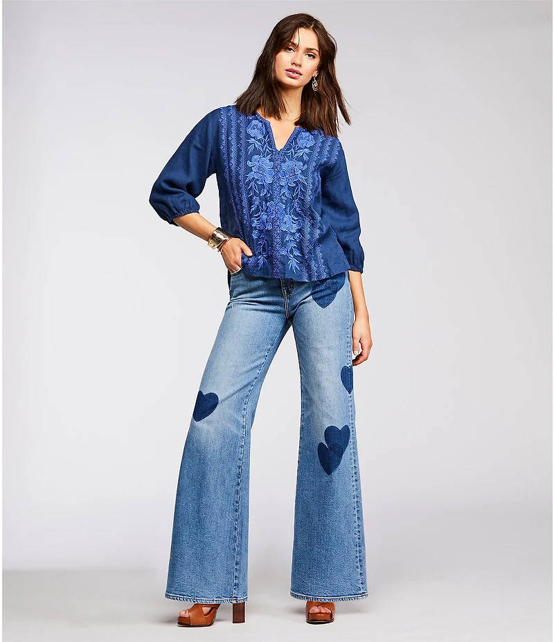 JOHNNY WAS Camille Embriordered Linen Split V-Neck 3/4 Puff Sleeve Blouse