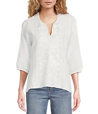 JOHNNY WAS Camille Embriordered Linen Split V-Neck 3/4 Puff Sleeve Blouse