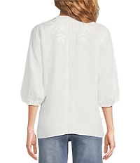 JOHNNY WAS Camille Embriordered Linen Split V-Neck 3/4 Puff Sleeve Blouse