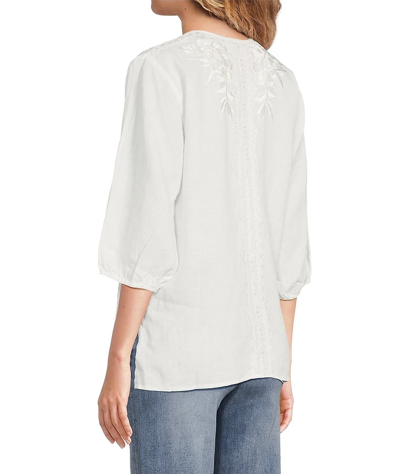 JOHNNY WAS Camille Embriordered Linen Split V-Neck 3/4 Puff Sleeve Blouse