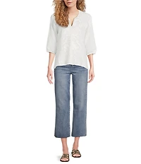 JOHNNY WAS Camille Embriordered Linen Split V-Neck 3/4 Puff Sleeve Blouse