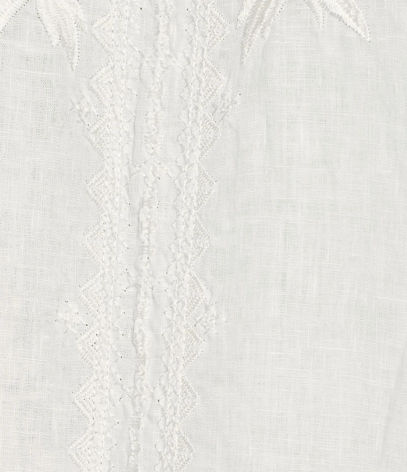 JOHNNY WAS Camille Embriordered Linen Split V-Neck 3/4 Puff Sleeve Blouse