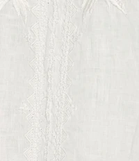 JOHNNY WAS Camille Embriordered Linen Split V-Neck 3/4 Puff Sleeve Blouse