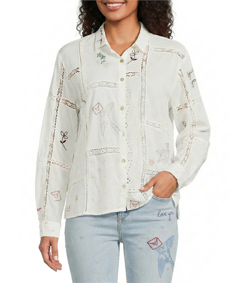 JOHNNY WAS Chaise Floral Embroidered Lace Insert Point Collar Long Sleeve Button Front Shirt