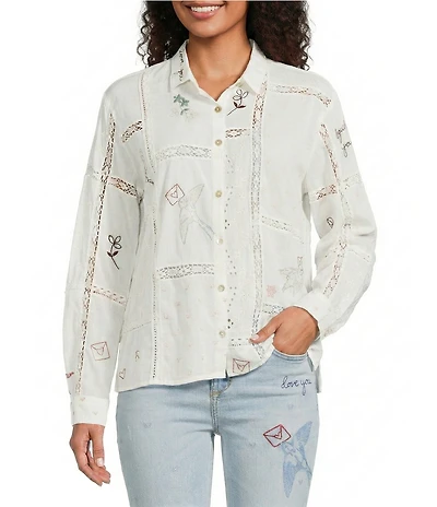 JOHNNY WAS Chaise Floral Embroidered Lace Insert Point Collar Long Sleeve Button Front Shirt