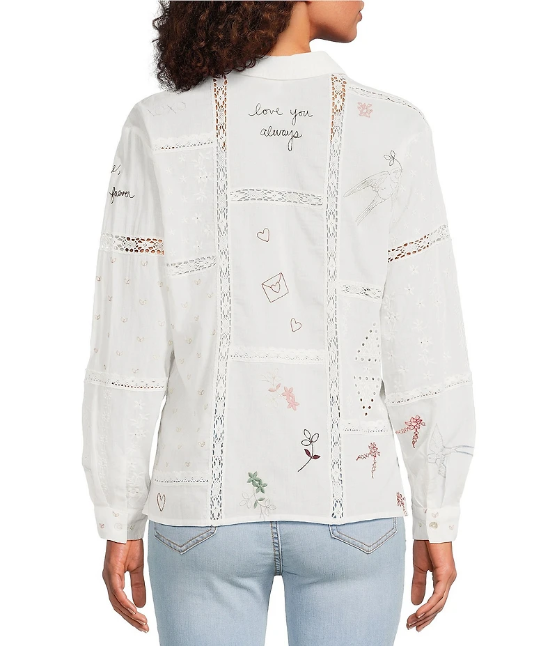 JOHNNY WAS Chaise Floral Embroidered Lace Insert Point Collar Long Sleeve Button Front Shirt