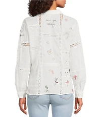 JOHNNY WAS Chaise Floral Embroidered Lace Insert Point Collar Long Sleeve Button Front Shirt