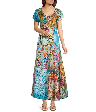 JOHNNY WAS Coordinating Gillian Silk Mix Patchwork Print Scoop Neck Short Sleeve Maxi Dress