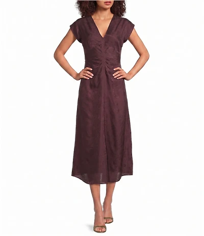 JOHNNY WAS Delcie Silky Woven Deep V-Neck Dolman Cap Sleeve Ruched Front Midi Dress