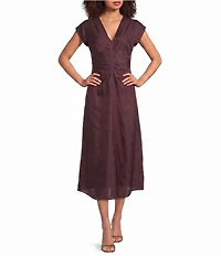 JOHNNY WAS Delcie Silky Woven Deep V-Neck Dolman Cap Sleeve Ruched Front Midi Dress
