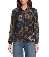 JOHNNY WAS Devin Floral Printed Mesh Point Collar Long Sleeve Button Front Shirt