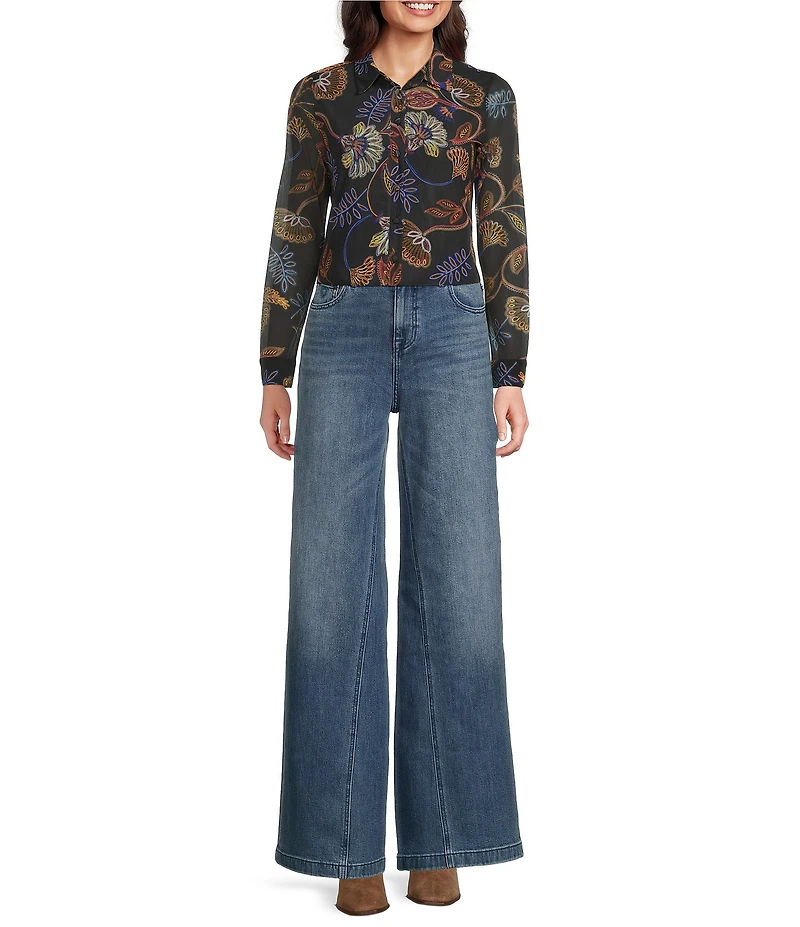 JOHNNY WAS Devin Floral Printed Mesh Point Collar Long Sleeve Button Front Shirt