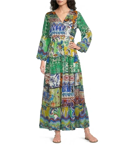 JOHNNY WAS Dibble Armeria Print Mix V-Neck Long Bell Sleeve Tiered Maxi Dress