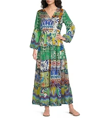 JOHNNY WAS Dibble Armeria Print Mix V-Neck Long Bell Sleeve Tiered Maxi Dress