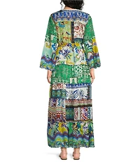 JOHNNY WAS Dibble Armeria Print Mix V-Neck Long Bell Sleeve Tiered Maxi Dress