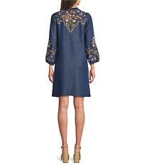 JOHNNY WAS Durago Floral Embroidered Yoke and Sleeve Denim Shift Dress