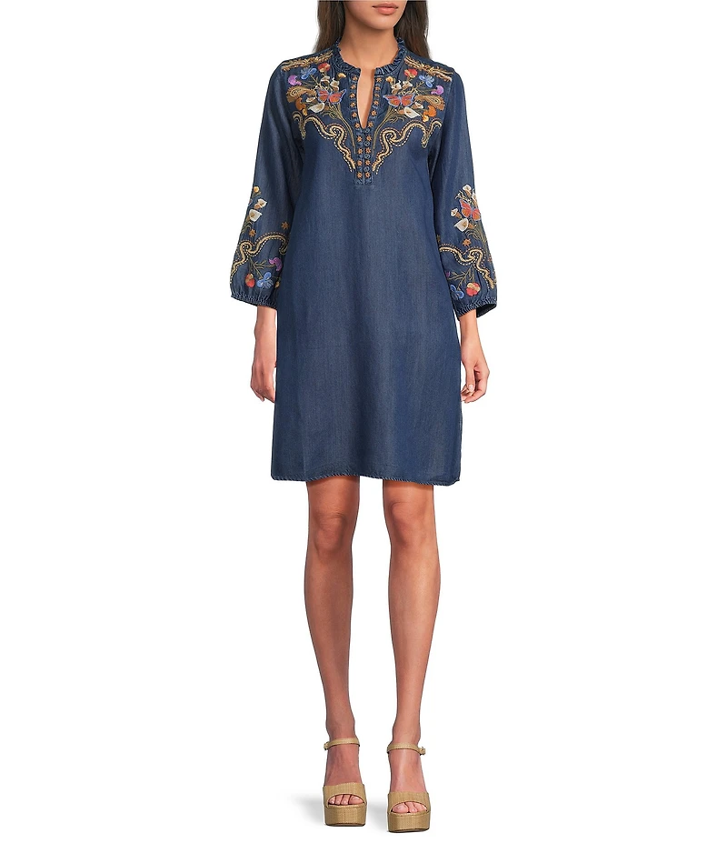 JOHNNY WAS Durago Floral Embroidered Yoke and Sleeve Denim Shift Dress