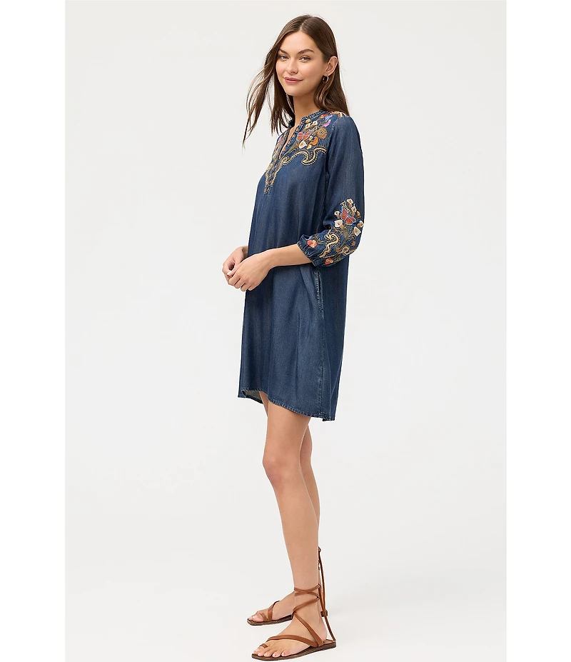 JOHNNY WAS Durago Floral Embroidered Yoke and Sleeve Denim Shift Dress
