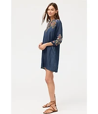 JOHNNY WAS Durago Floral Embroidered Yoke and Sleeve Denim Shift Dress