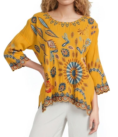 JOHNNY WAS Elia Embroidered Scoop Neck 3/4 Sleeve Blouse
