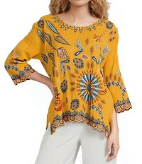 JOHNNY WAS Elia Embroidered Scoop Neck 3/4 Sleeve Blouse