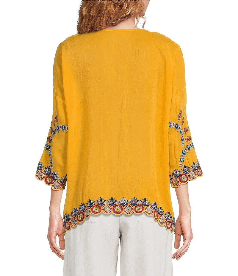 JOHNNY WAS Elia Embroidered Scoop Neck 3/4 Sleeve Blouse