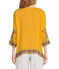 JOHNNY WAS Elia Embroidered Scoop Neck 3/4 Sleeve Blouse
