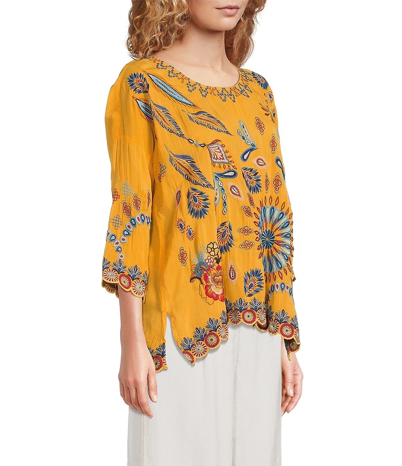 JOHNNY WAS Elia Embroidered Scoop Neck 3/4 Sleeve Blouse