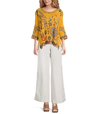JOHNNY WAS Elia Embroidered Scoop Neck 3/4 Sleeve Blouse