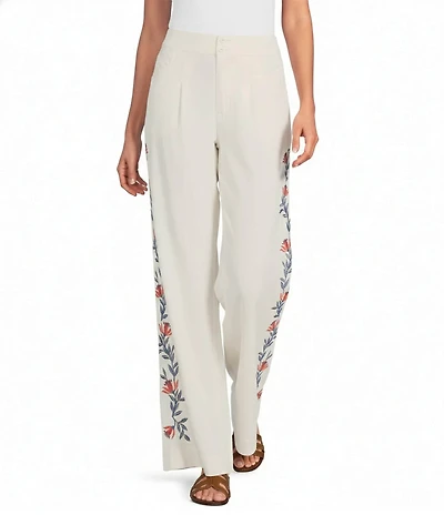 JOHNNY WAS Elizabeth Coordinating Linen Blend Side Floral Embroidered Wide Leg Single Front Pleat Pull-On Pants