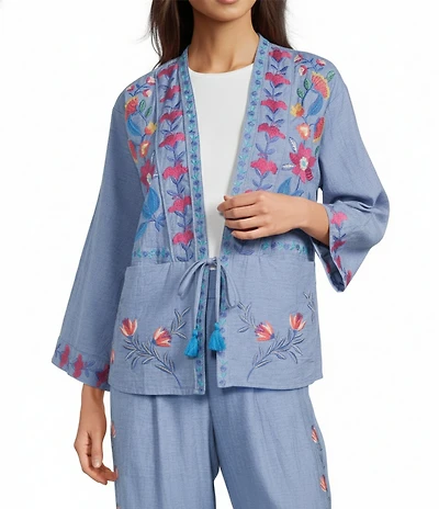JOHNNY WAS Elizabeth Cotton Woven Floral Embroidered V-Neck Bracelet Kimono Sleeve Tie-Front Jacket