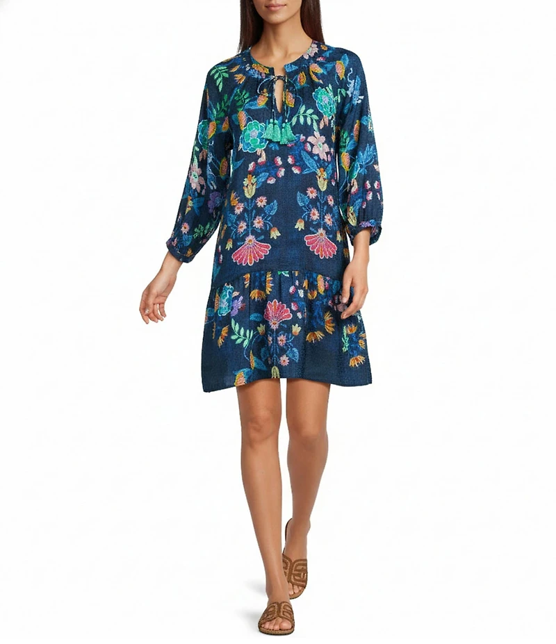 Johnny Was Elizabeth Floral Print Silk Linen Blend V-Neck 3/4 Sleeve Tassel Dress
