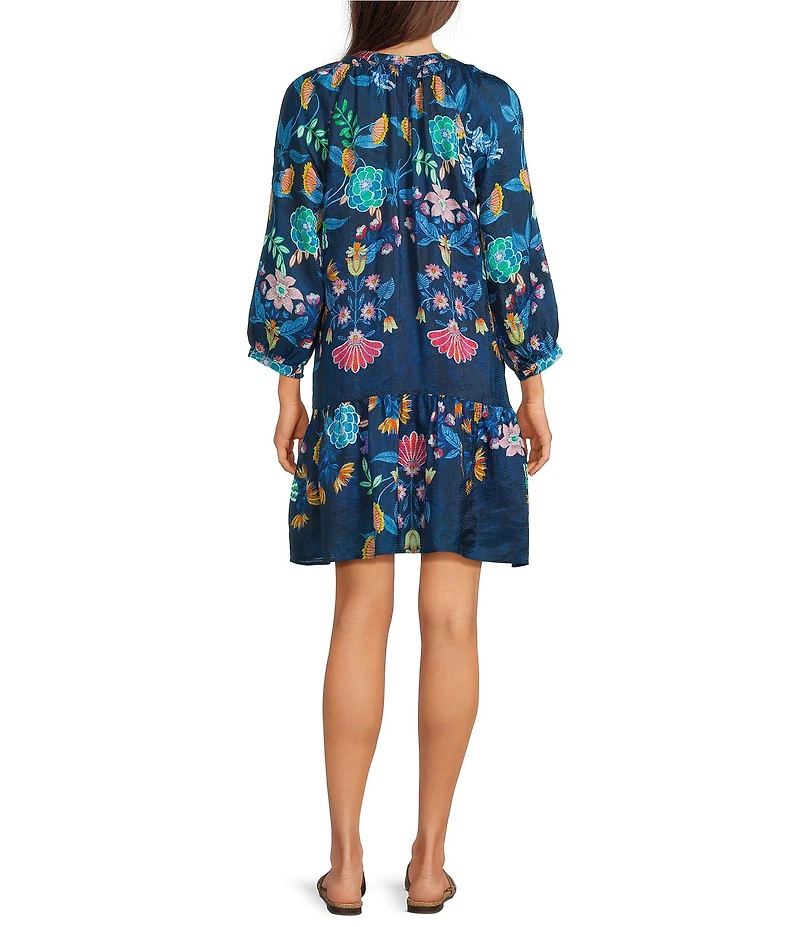 Johnny Was Elizabeth Floral Print Silk Linen Blend V-Neck 3/4 Sleeve Tassel Dress