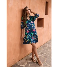 Johnny Was Elizabeth Floral Print Silk Linen Blend V-Neck 3/4 Sleeve Tassel Dress