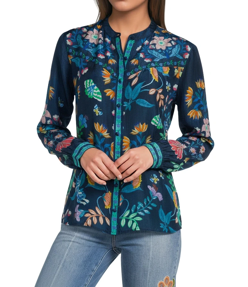 JOHNNY WAS Elizabeth Silk Linen Blend Floral Print Shirred Western Yoke Banded Collar Long Sleeve Button Front Shirt