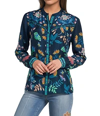 JOHNNY WAS Elizabeth Silk Linen Blend Floral Print Shirred Western Yoke Banded Collar Long Sleeve Button Front Shirt