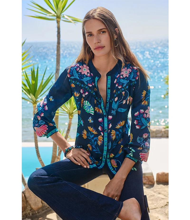 JOHNNY WAS Elizabeth Silk Linen Blend Floral Print Shirred Western Yoke Banded Collar Long Sleeve Button Front Shirt