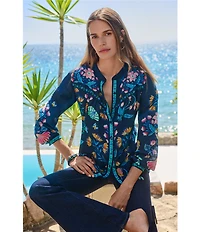 JOHNNY WAS Elizabeth Silk Linen Blend Floral Print Shirred Western Yoke Banded Collar Long Sleeve Button Front Shirt