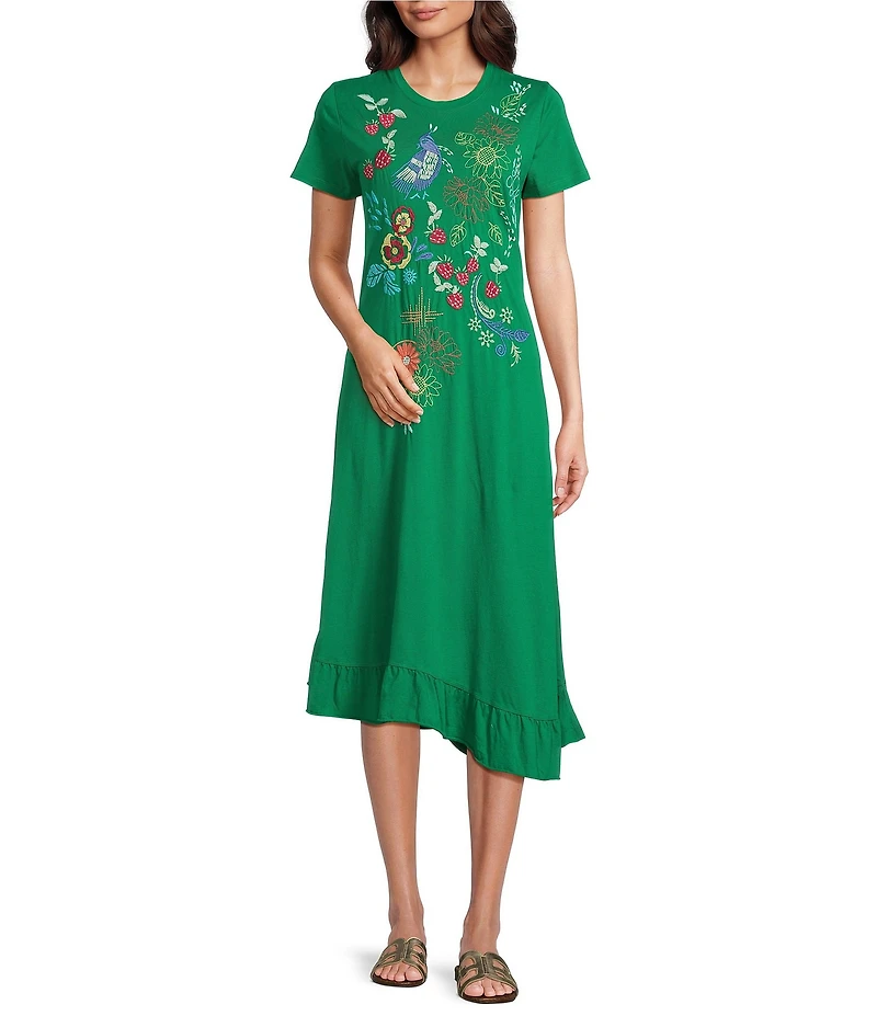 JOHNNY WAS Embroidered Floral Cotton Knit Crew Neck Short Sleeve Asymmetrical Ruffle Hem Midi Dress