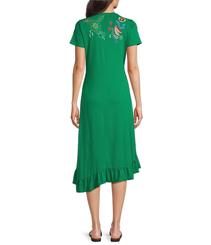 JOHNNY WAS Embroidered Floral Cotton Knit Crew Neck Short Sleeve Asymmetrical Ruffle Hem Midi Dress