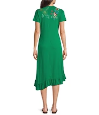 JOHNNY WAS Embroidered Floral Cotton Knit Crew Neck Short Sleeve Asymmetrical Ruffle Hem Midi Dress
