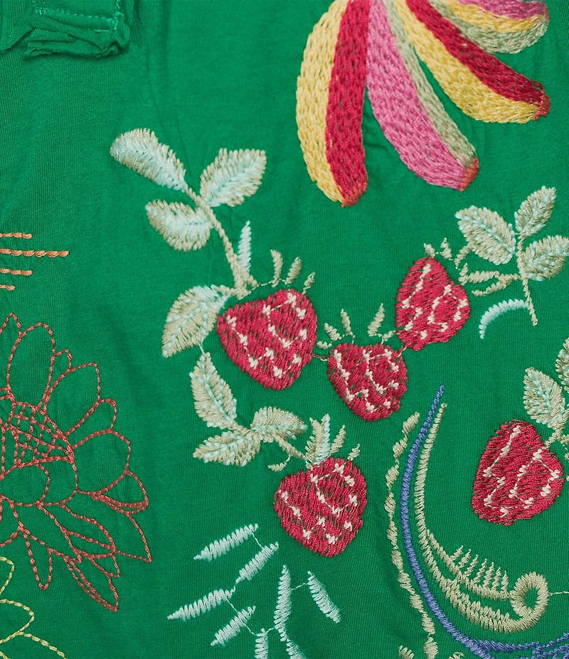 JOHNNY WAS Embroidered Floral Cotton Knit Raw Edge Detail Round Neck Henley Sleeveless Tank