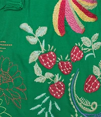 JOHNNY WAS Embroidered Floral Cotton Knit Raw Edge Detail Round Neck Henley Sleeveless Tank