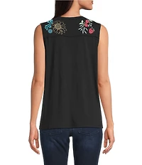 JOHNNY WAS Embroidered Floral Cotton Knit Raw Edge Detail Round Neck Henley Sleeveless Tank