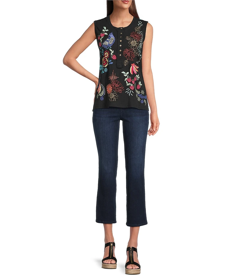 JOHNNY WAS Embroidered Floral Cotton Knit Raw Edge Detail Round Neck Henley Sleeveless Tank